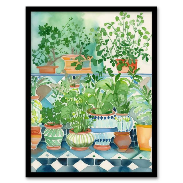 Fresh Herb Plant Pots On Tiled Shelves Folk - Single Picture Frame Print Wee Blue Coo on Productcaster.