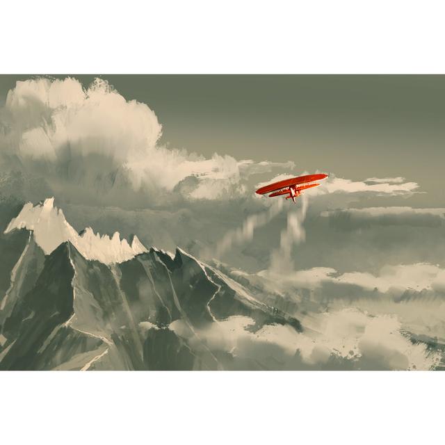 Red Biplane Flying over Mountain,Illustration by Grandfailure - Wrapped Canvas Painting Union Rustic Size: 12"H x 18"W on Productcaster.