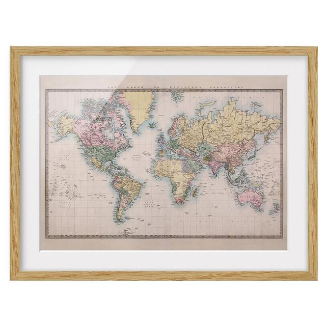 Vintage World Map, 1850 - Picture Frame Graphic Art Print on Paper East Urban Home Size: 50cm H x 70cm W, Frame Options: Natural oak wood on Productcaster.