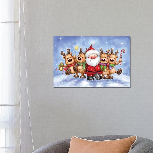 Santa With Reindeers by MAKIKO - Wrapped Canvas Print The Seasonal Aisle Size: 45.7cm H x 66cm W x 3.8cm D on Productcaster.