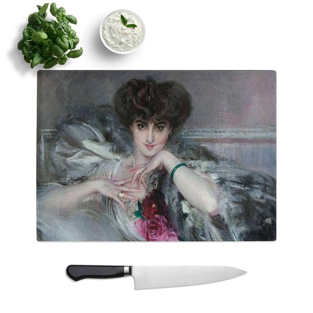 Portrait of Woman with Roses by Giovanni Boldini Chopping Board East Urban Home Size: 0.4cm H x 20cm W x 28.5cm L on Productcaster.