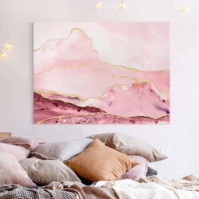 Leinwandbild Abstrakte Berge Rosa mit Goldene Linien Canora Grey on Productcaster.