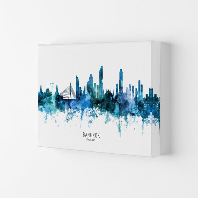 Bangkok Thailand Skyline Blue City Name by Michael Tompsett - Graphic Art Ebern Designs Format: Wrapped Canvas, Size: 29.7cm H x 42cm W x 4cm D on Productcaster.