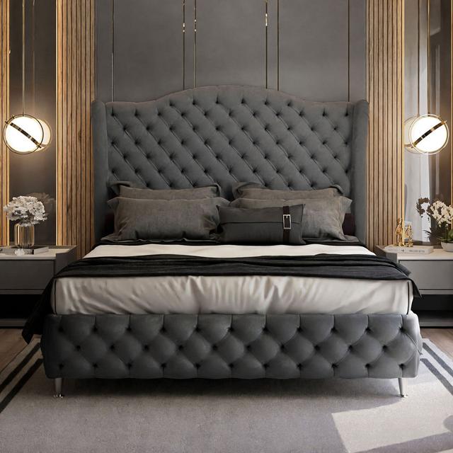 Blaile European Kingsize (160 x 200cm) Upholstered Bed Frame Rosalind Wheeler Colour: Dark Grey, Size: European Double on Productcaster.