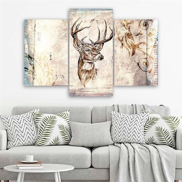 Deer Vintage - 3 Piece Wrapped Canvas Graphic Art Print Set Alpen Home Size: 100cm H x 150cm W on Productcaster.