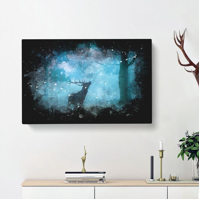 Deer Stag in a Blue Forest - Wrapped Canvas Painting Print East Urban Home Size: 40cm H x 60cm W x 3cm D on Productcaster.