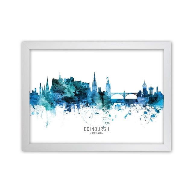 Edinburgh Scotland Skyline Blue City Name by Michael Tompsett - Print Ebern Designs Size: 64cm H x 88cm W x 3cm D, Format: White Framed on Productcaster.