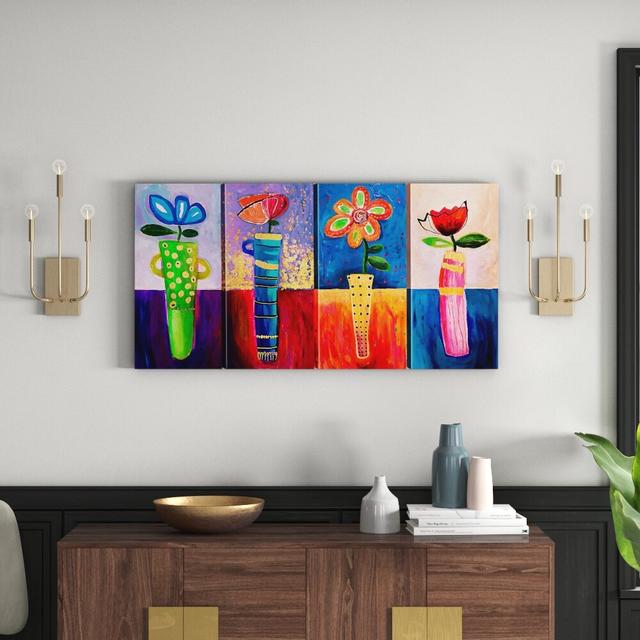 'Rainbow Flowers' Handmade Acrylic Painting Print Multi-Piece Image on Canvas East Urban Home on Productcaster.