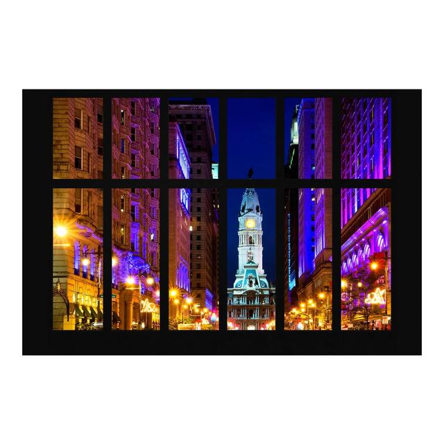 Halbglänzende Tapete Fensterblick Philadelphia Rathaus bei Nacht East Urban Home Größe: 2,88 m x 190 cm, Materialqualität: Standard (110g/m²) on Productcaster.