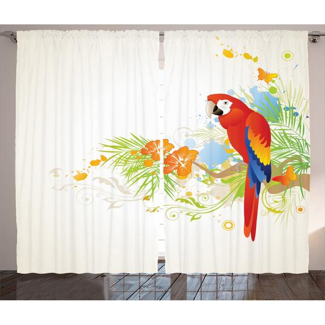 2-tlg. Vorhang-Set Summer Background with Floral Ornaments and Wise Smart Parrot on Tree Branch mit Stangendurchzug, halbtransparent East Urban Home P on Productcaster.