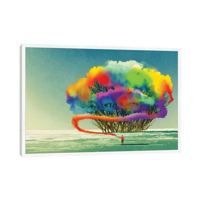 Man Draws Abstract Tree With Colorful Smoke Flare - Print on Canvas Ebern Designs Size: 66.04cm H x 101.6cm W x 3.81cm D, Format: White Framed on Productcaster.