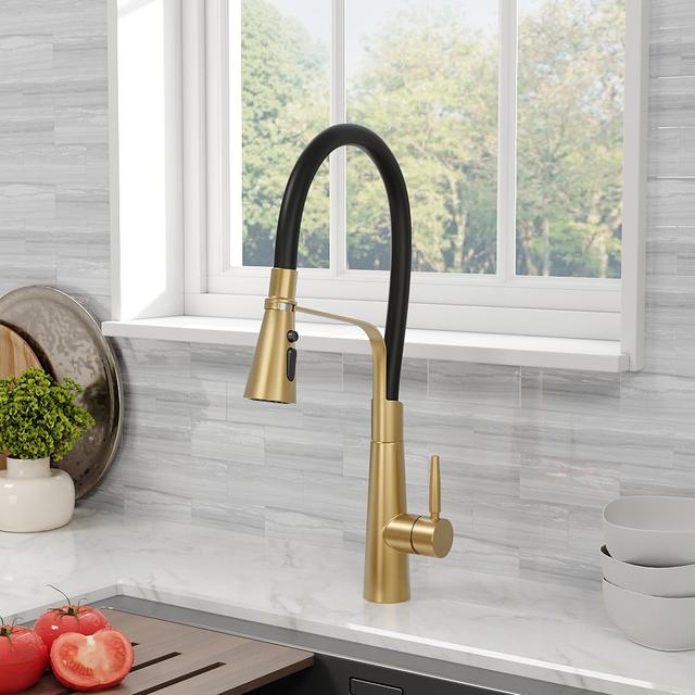 Flexible Silicone Pull-Down Kitchen Faucet Happy Larry Finish: Matte Black/Gold on Productcaster.