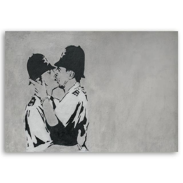 Leinwandbild Kissing policemen, banksy mural Rosalind Wheeler Größe: 60 cm H x 90 cm B x 2 cm T on Productcaster.