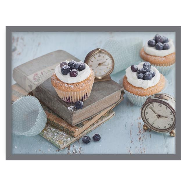 Vintage Cupcakes with Alarm Clock - Picture Frame Graphic Art Ebern Designs Frame Option: Grey Framed, Size: 30cm H x 40cm W x 2cm D on Productcaster.