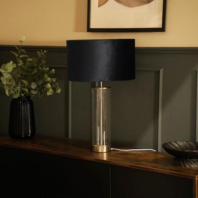 Simonetta Matt Gold and Clear Tube Table Lamp with Blush Velvet Reni Shade and 6W GLS Warm White Bulb Fairmont Park Base Finish: Silver, Bulb Included on Productcaster.