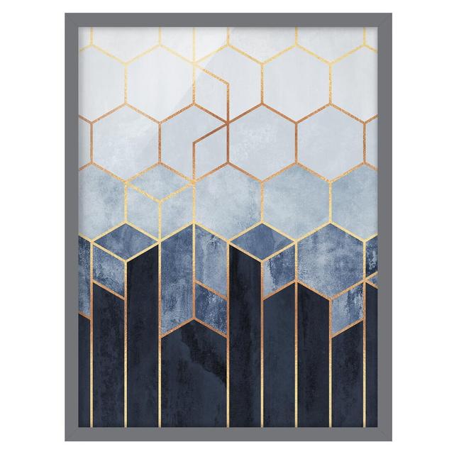 Golden Hexagons Blue White - Picture Frame Graphic Art Canora Grey Size: 55cm H x 40cm W x 2cm D, Frame Option: Grey Framed on Productcaster.