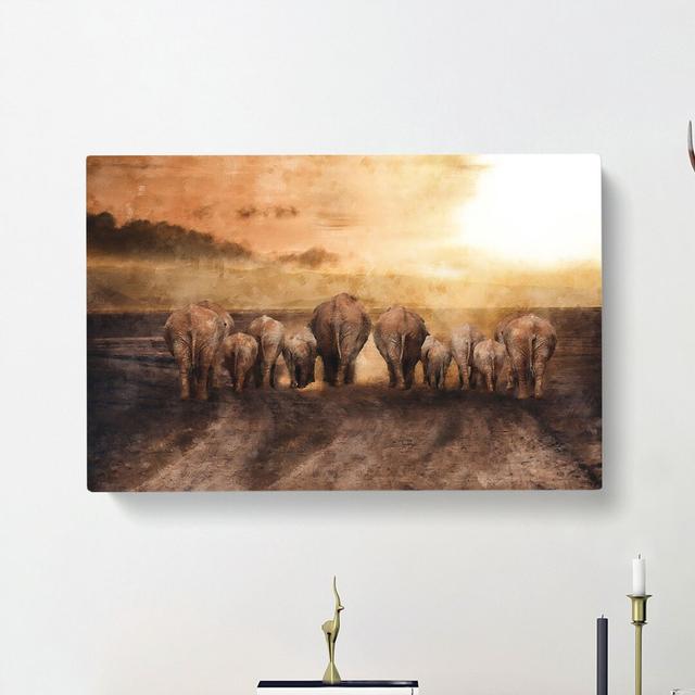 Herd Of Elephants On A Dusty Road - Wrapped Canvas Print East Urban Home Size: 60cm H x 91cm W x 3cm D on Productcaster.