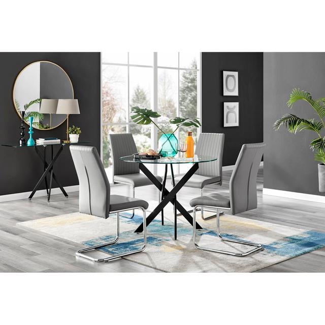 Tierra Modern Chrome Metal & Glass Round Dining Table Set with 4 Upholstered Faux Leather Chairs Furniture Box Colour (Chair): Grey on Productcaster.