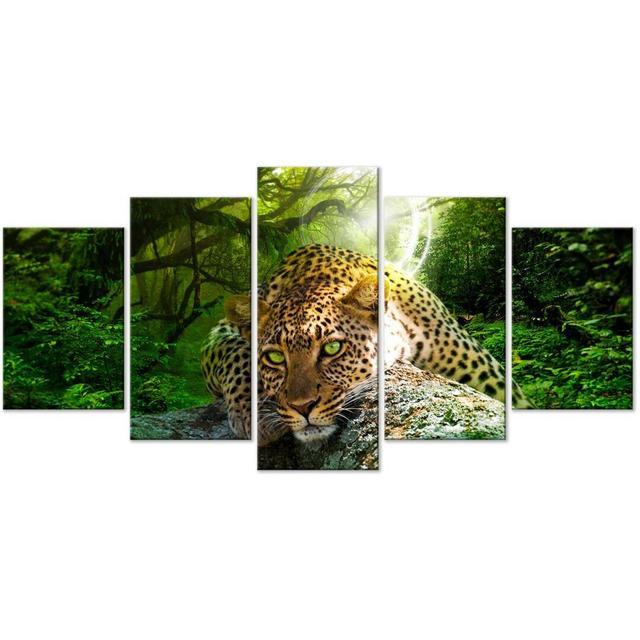 Leopard Lying - 5 Piece No Frame Print on Canvas East Urban Home Size: 50 cm H x 100 cm W on Productcaster.