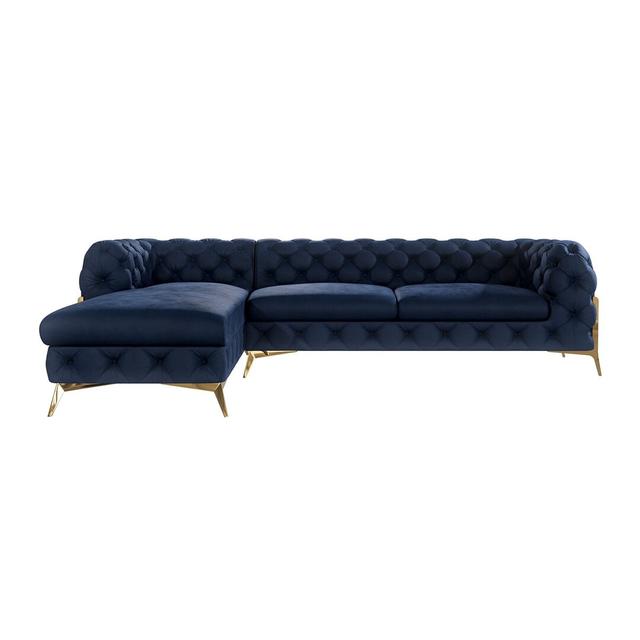 Corner sofa with ottoman Chesterfield Anca with golden metal feet Canora Grey Upholstery Colour: Navy blue, Orientation: Left facing on Productcaster.