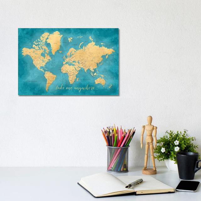 Take Me Anywhere Gold And Teal Detailed World Map by Blursbyai - Gallery-Wrapped Canvas Giclée on Canvas Trent Austin Design Size: 20.32cm H x 30.48cm on Productcaster.