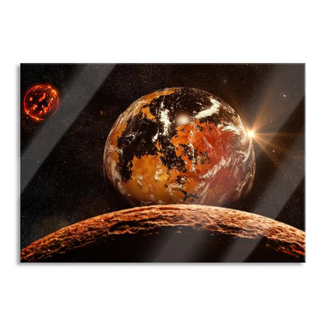 Glasbild Rote Planeten in der Galaxie Brayden Studio Größe: 40 cm H x 60 cm B x 0.4 cm T, Farbe: Orange on Productcaster.