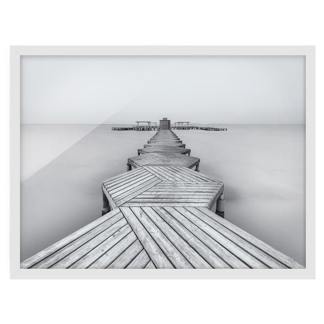 Picture With Frame - Wooden Pier And Black And White - Landscape 3:4 Highland Dunes Size: 70cm H x 100cm W x 2cm D, Framed Option: White Framed on Productcaster.