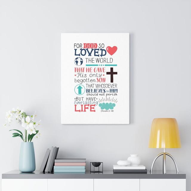 God So Loved John 3:16 - Wrapped Canvas Typography Blue Elephant Size: 36cm H x 28cm W on Productcaster.