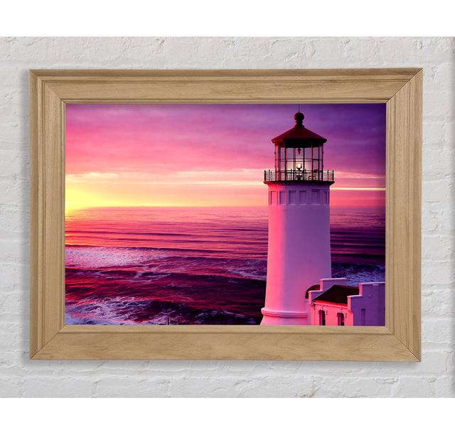 Lighthouse Pink Sunset Framed Print Longshore Tides Size: 42cm H x 59.7cm W x 8cm D, Format: Natural Framed Paper on Productcaster.