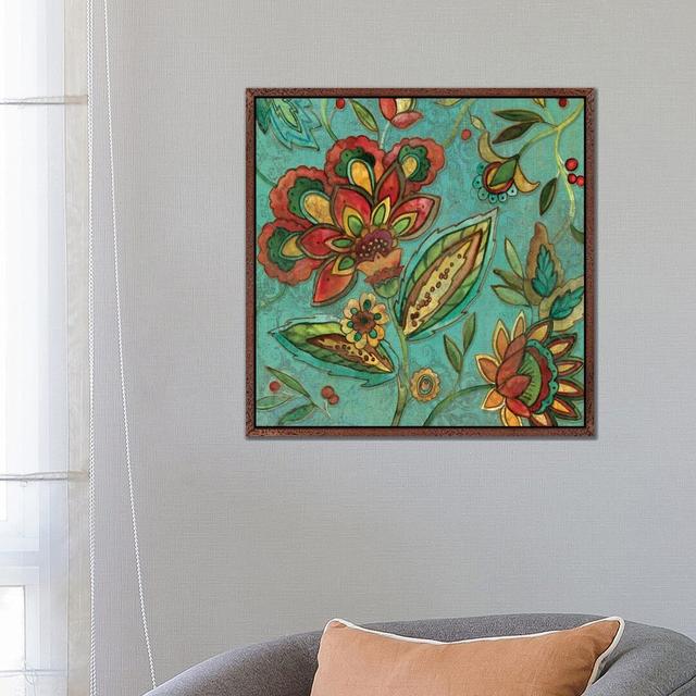 Teal Jacobean Spice II by Carol Robinson - Print on Canvas Rosalind Wheeler Size: 66.04cm H x 66.04cm W x 3.81cm D, Format: Classic Brown Wood Framed on Productcaster.