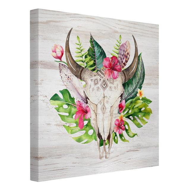 Tropical Flower Skull - Wrapped Canvas Art Prints Bay Isle Home Format: 330g/m³ recycled canvas, Size: 40cm H x 40cm W on Productcaster.