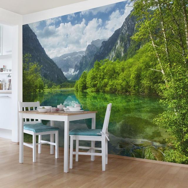 Mountain Lake with Reflection Semi-Gloss Wallpaper Roll East Urban Home Materialqualität: Standard (110g/m²), Size: 3.84m x 255cm on Productcaster.