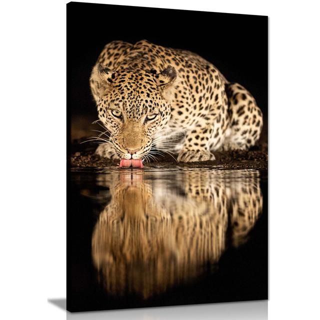 Drinking Yellow Jaguar Reflection in Water - Wrapped Canvas Photograph Panther Print Size: 76cm H x 51cm W on Productcaster.