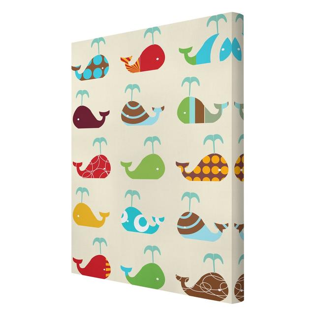 Retro Whales - Wrapped Canvas Graphic Art Print East Urban Home Size: 90 L x 60 B on Productcaster.