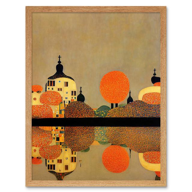 Klimt Style Autumn Lakeside Town Church - Print Wee Blue Coo Format: Light Brown Framed Unframed, Size: 43cm H x 33cm W x 2cm D on Productcaster.