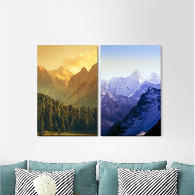 2-tlg. Leinwandbilder-Set - Grafikdruck „Fir Forest Mountains Himalaya Mountain Range Blue Snow Nature” East Urban Home on Productcaster.