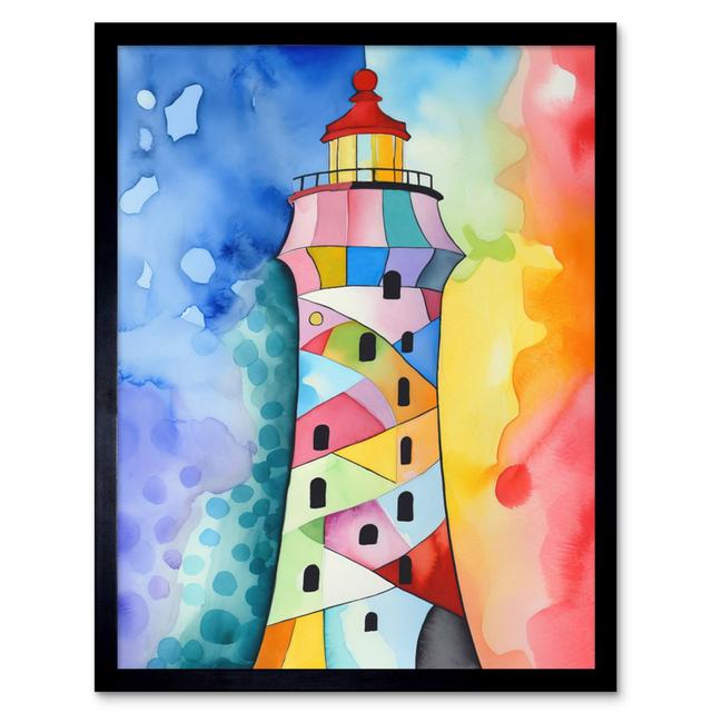 Lighthouse Concept With Rainbow Colour Sky Folk Art Watercolour Painting Artwork Framed Wall Art Print 9X7 Inch Breakwater Bay on Productcaster.