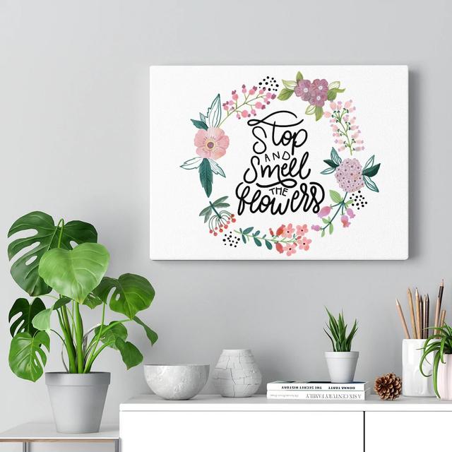 Stop and Smell the Flowers - Wrapped Canvas Typography Blue Elephant Size: 30cm H x 41cm W on Productcaster.