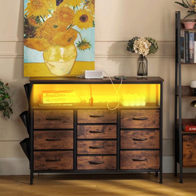 10 Drawer Chest Of Drawers, TV Stand With Charging Station And Lights, Dresser For Bedroom Living Room Entryway ( Vintage Brown) Borough Wharf on Productcaster.