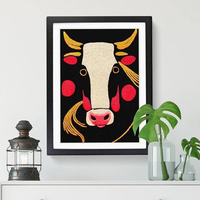 Hanan Cow Embroidery - Picture Frame Print Brambly Cottage Frame Option: Black, Size: 34cm H x 25cm W x 2cm D on Productcaster.