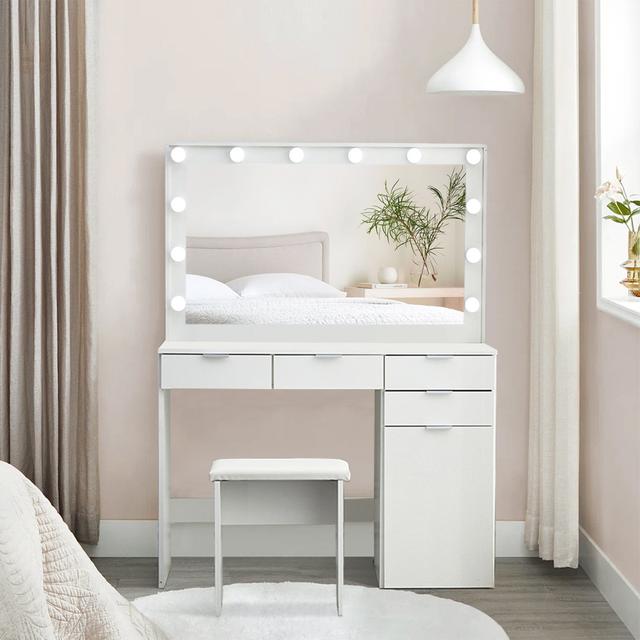 Dressing Table, 3 Color LED Mirror Set, Hollywood Style Light, Vanity Makeup Table With 4 Drawers 1 Closed Storage And Stool Latitude Run on Productcaster.