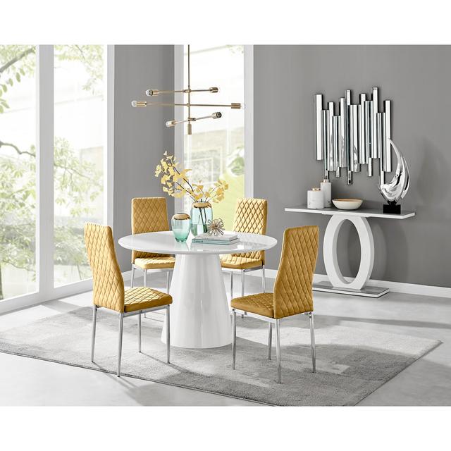 Edzard Statement Pedestal Round Dining Table Set in Black & Luxury Velvet Dining Chairs Furniture Box Table Colour: White, Chair Colour: Mustard/Silve on Productcaster.