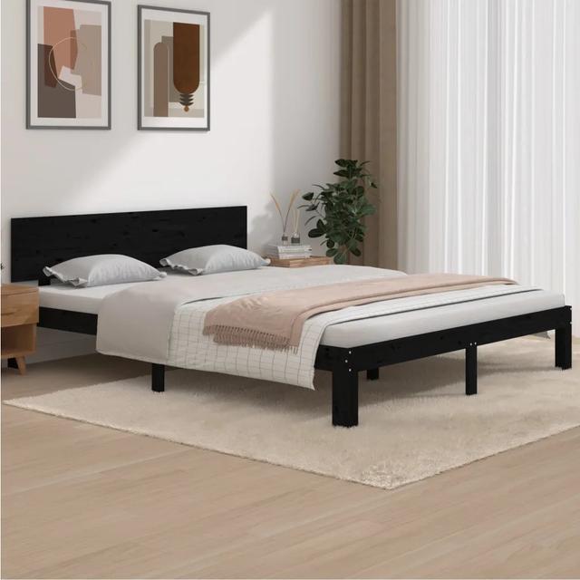 Bed Frame Solid Wood 17 Stories Mattress Size: 140 x 190cm, Colour: Black on Productcaster.