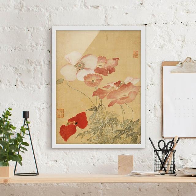 Poppies by Yun Shouping - Picture Frame Painting Marlow Home Co. Size: 55cm H x 40cm W x 2cm D, Frame Option: White Framed on Productcaster.