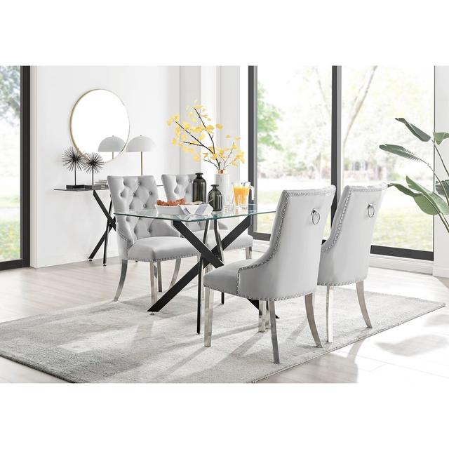 Lenworth Luxury Chrome and Glass Rectangular Dining Table and Chairs - x4 Velvet Chairs Metal Leg Furniture Box on Productcaster.