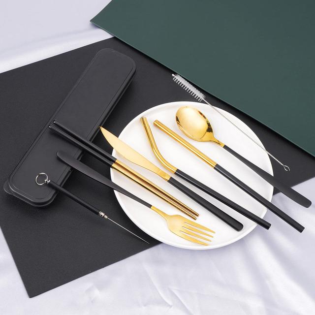 Canora Grey Ambria 8 Piece Stainless Steel Cutlery Set , Service for 1 Canora Grey Colour: Blue/Gold on Productcaster.