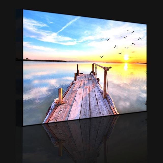 Bridge with Seagulls at Sunset - Wrapped Canvas Photograph Print lightbox-multicolor Size: 40cm H x 60cm W x 4.5cm D, Frame Option: Without lighting on Productcaster.