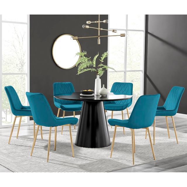 Tierra 6 - Person Dining Set Canora Grey Colour (Chair): Blue/Gold, Colour (Table): Black on Productcaster.