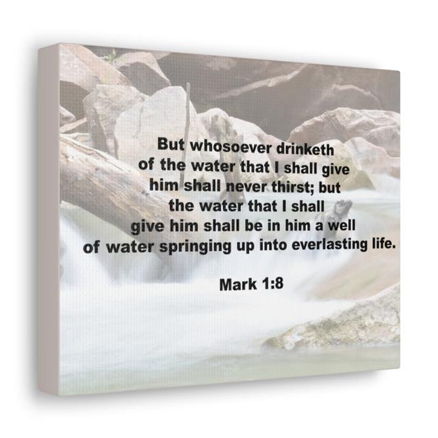 Whosoever Drinketh Mark 1:8 - Wrapped Canvas Typography Blue Elephant Size: 28cm H x 36cm W on Productcaster.