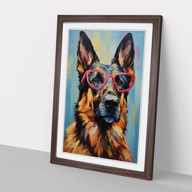 German Shepherd with Glasses Painting No.3 Marlow Home Co. Size: 64cm H x 46cm W, Format: Walnut Framed on Productcaster.